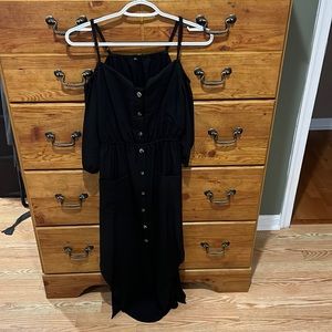 Black Off the Shoulder Button Down Long Dress